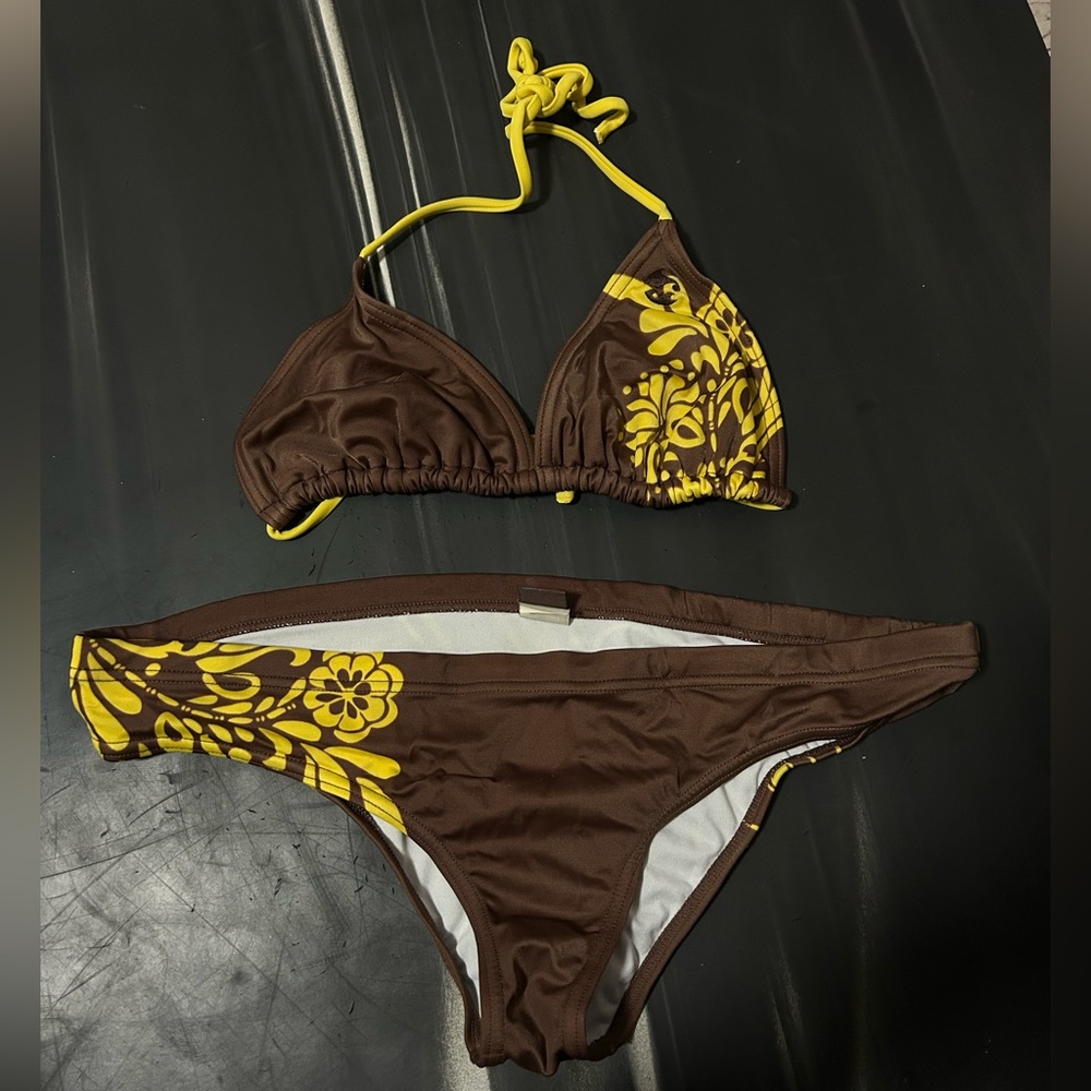 Billabong Brown & Yellow Floral Triangle Bikini